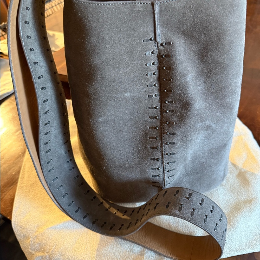 Calleen Cordero Grey Suede Bucket Bag with cross body Strap NEVER USED.
